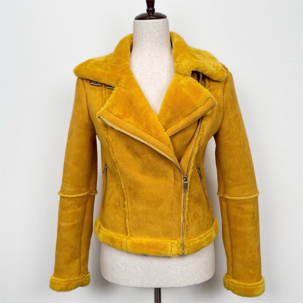 Cache Cache Jacket Womens 34 XS Yellow Faux Suede Cozy Fall Retro Chic City Soft